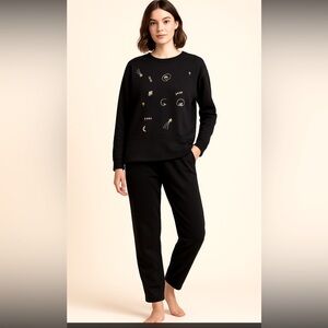 Johnny Was Black Space Theme Embroidered Lounge Set Size S Top & Pants
